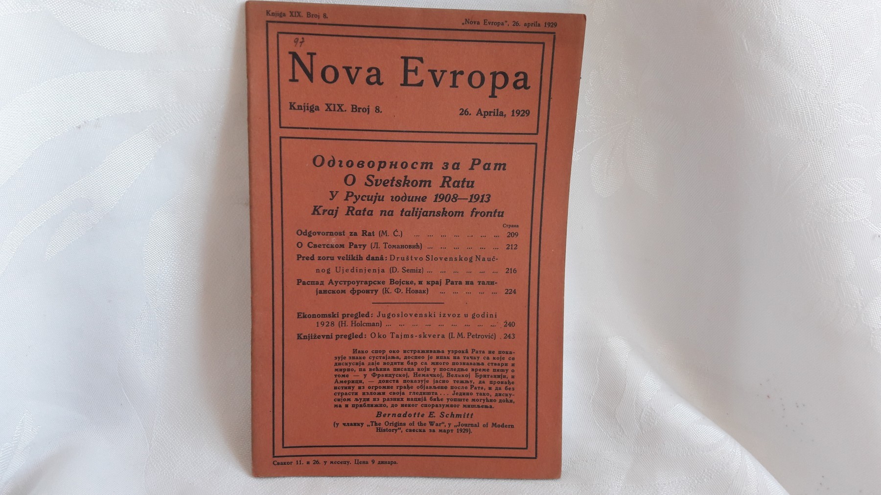 NOVA EVROPA — knjiga XIX, broj 8 (26. april 1929) — Milan Ćurčin (urednik), antikvarna knjiga
