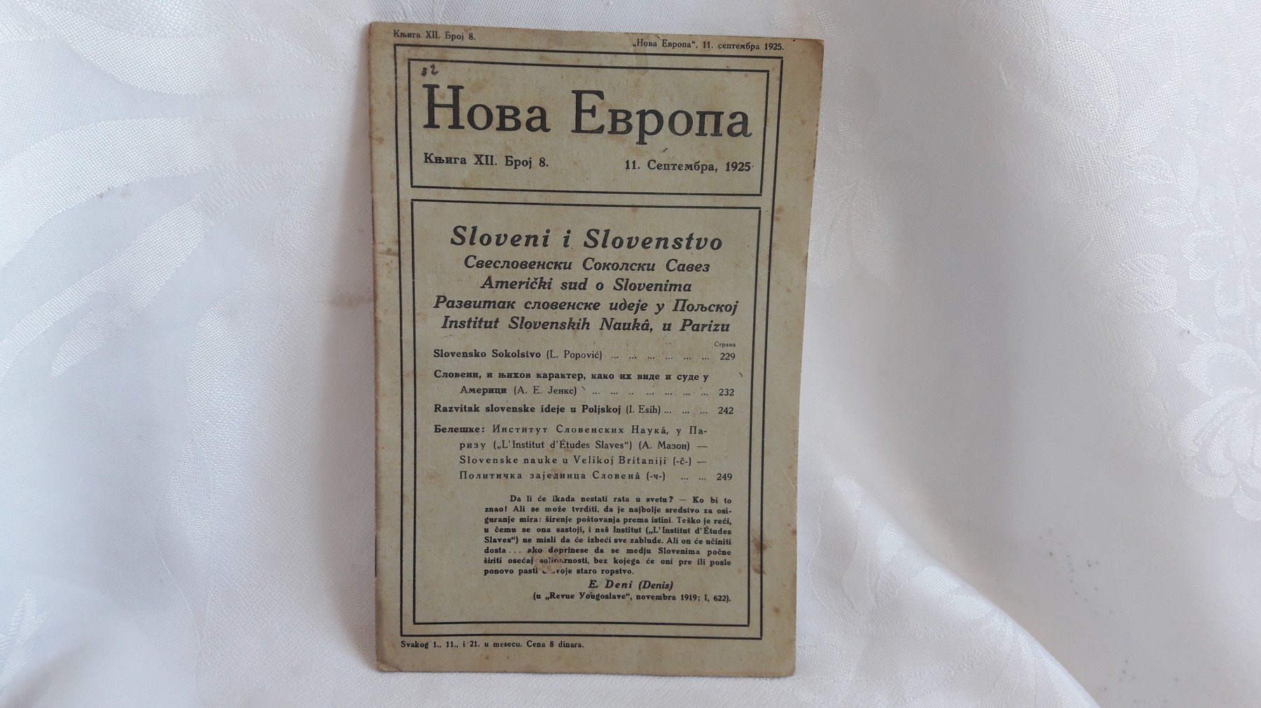 NOVA EVROPA — knjiga XII, broj 8 (11. septembar 1925) — Milan Ćurčin (urednik), antikvarna knjiga