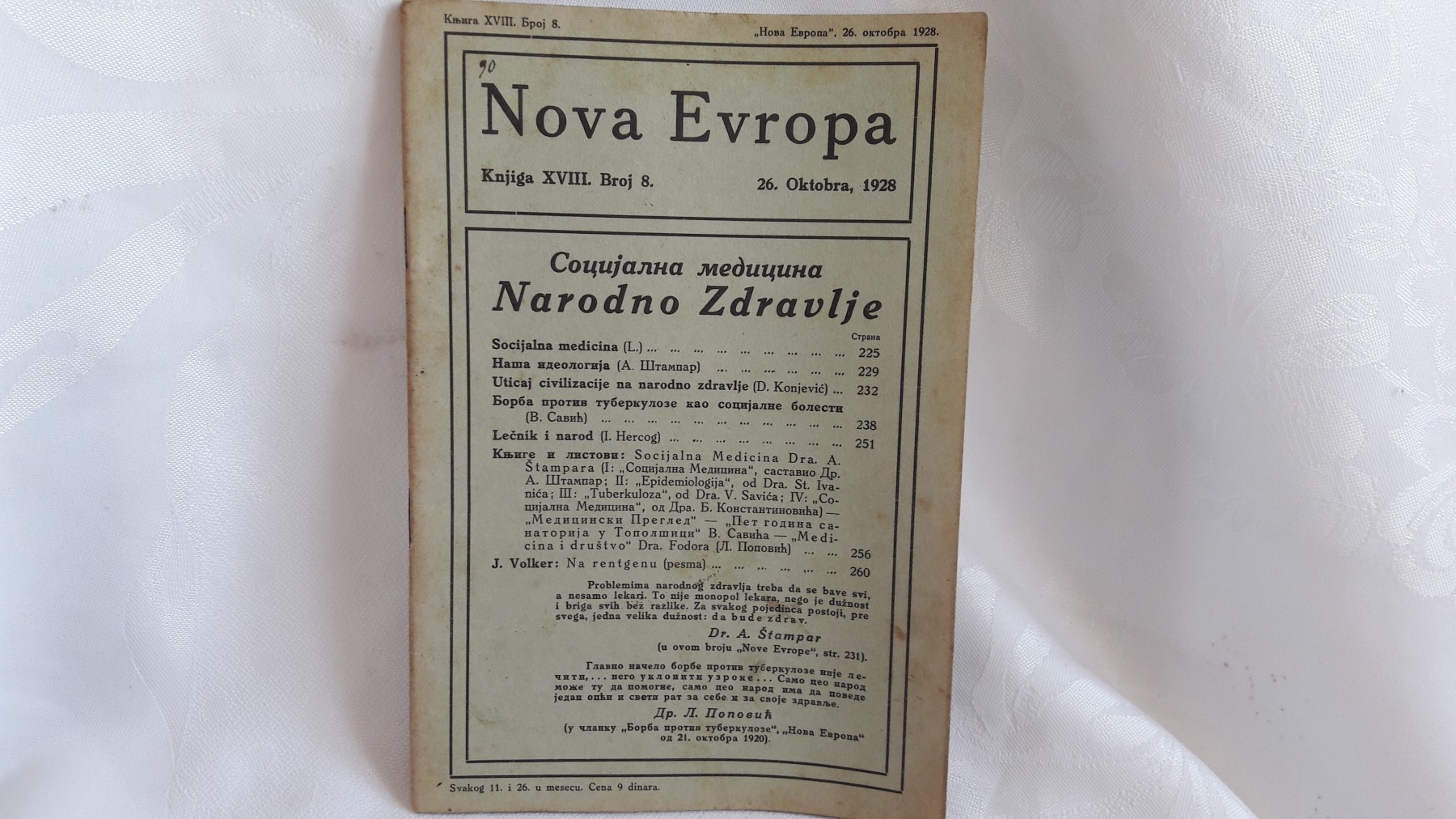 NOVA EVROPA — knjiga XVIII, broj 8 (26. oktobar 1928) — Narodno zdravlje, Andrija Štampar — Milan Ćurčin (urednik), antikvarna knjiga