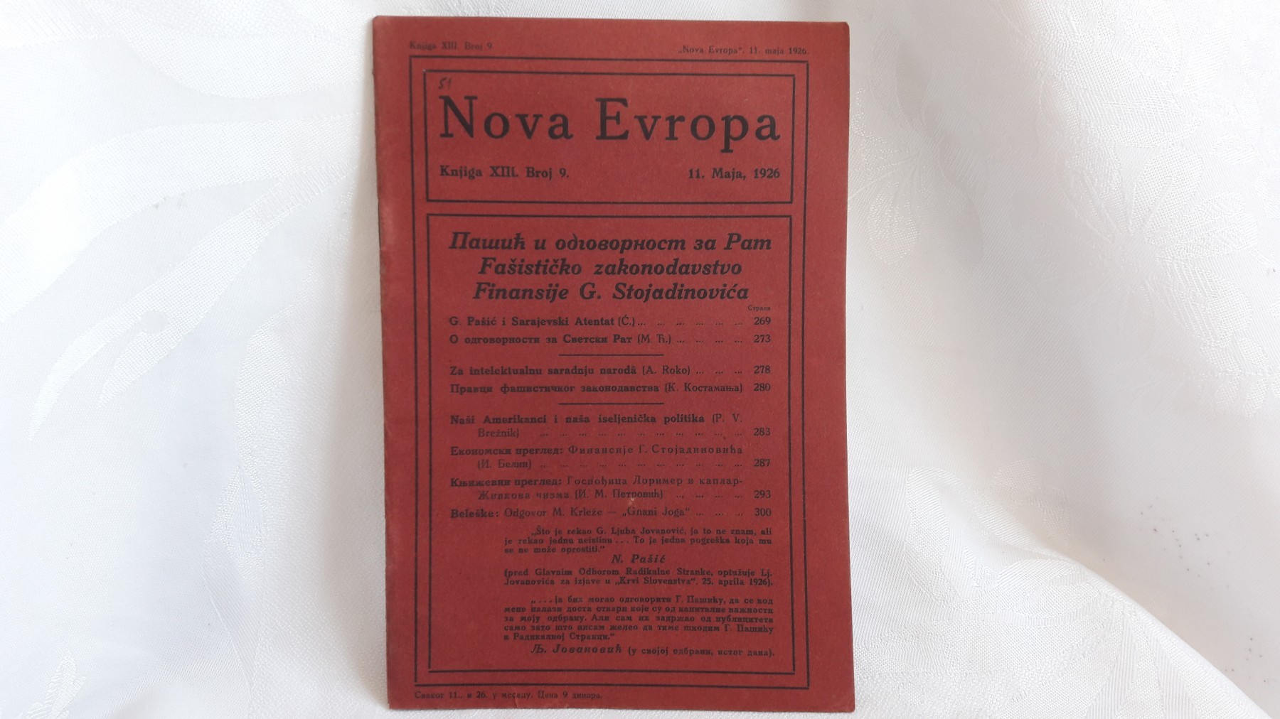 NOVA EVROPA — knjiga XIII, broj 9 (11. maj 1926) — Milan Ćurčin (urednik), antikvarna knjiga