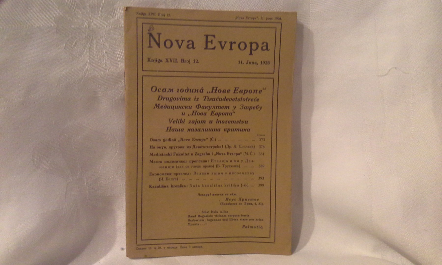 NOVA EVROPA — knjiga XVII, broj 12 (11. jun 1928) — osam godina časopisa — Milan Ćurčin (urednik), antikvarna knjiga
