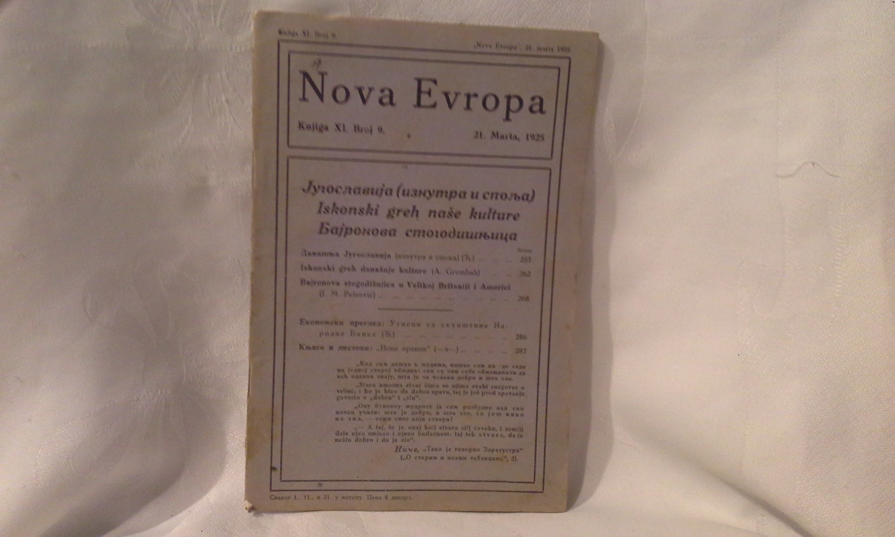 NOVA EVROPA — knjiga XI, broj 9 (21. mart 1925) — Milan Ćurčin (urednik), antikvarna knjiga