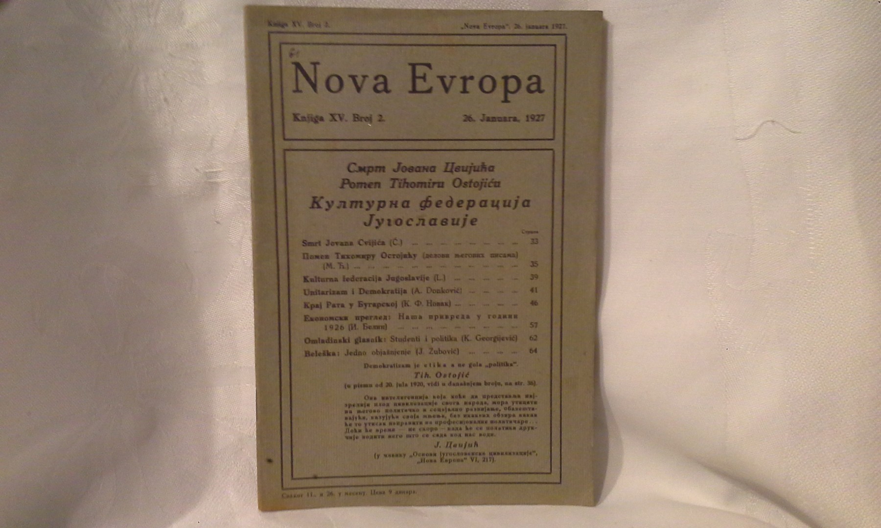 NOVA EVROPA — knjiga XV, broj 2 (26. januar 1927) — smrt Jovana Cvijića — Milan Ćurčin (urednik), antikvarna knjiga