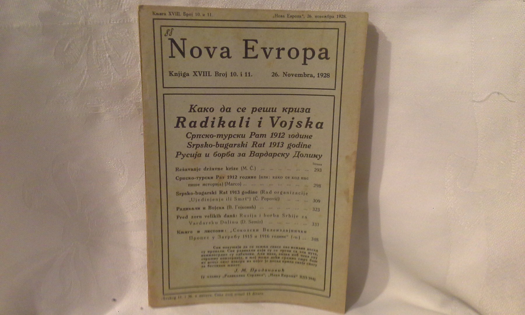 NOVA EVROPA — knjiga XVIII, broj 10 i 11 (dvobroj) (26. novembar 1928) — Balkanski ratovi i Crna ruka — Milan Ćurčin (urednik), antikvarna knjiga