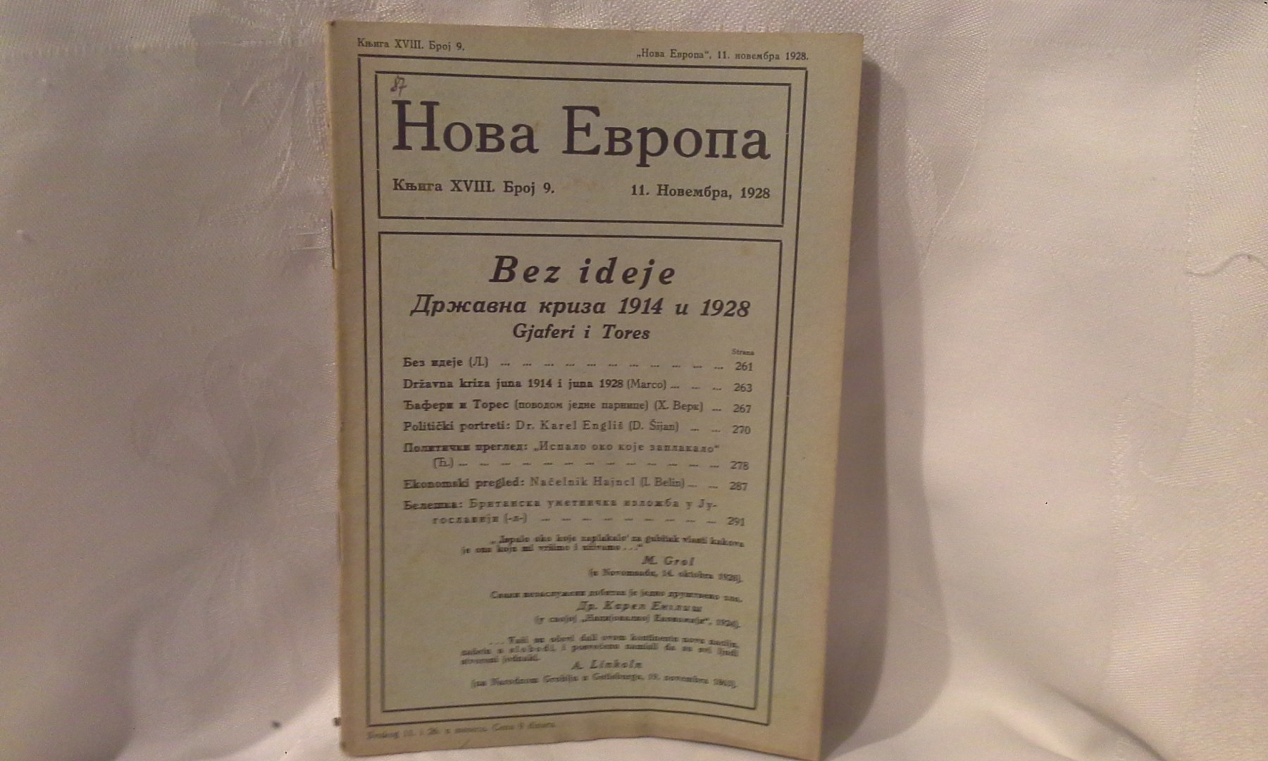 NOVA EVROPA — knjiga XVIII, broj 9 (11. novembar 1928) — Milan Ćurčin (urednik), antikvarna knjiga