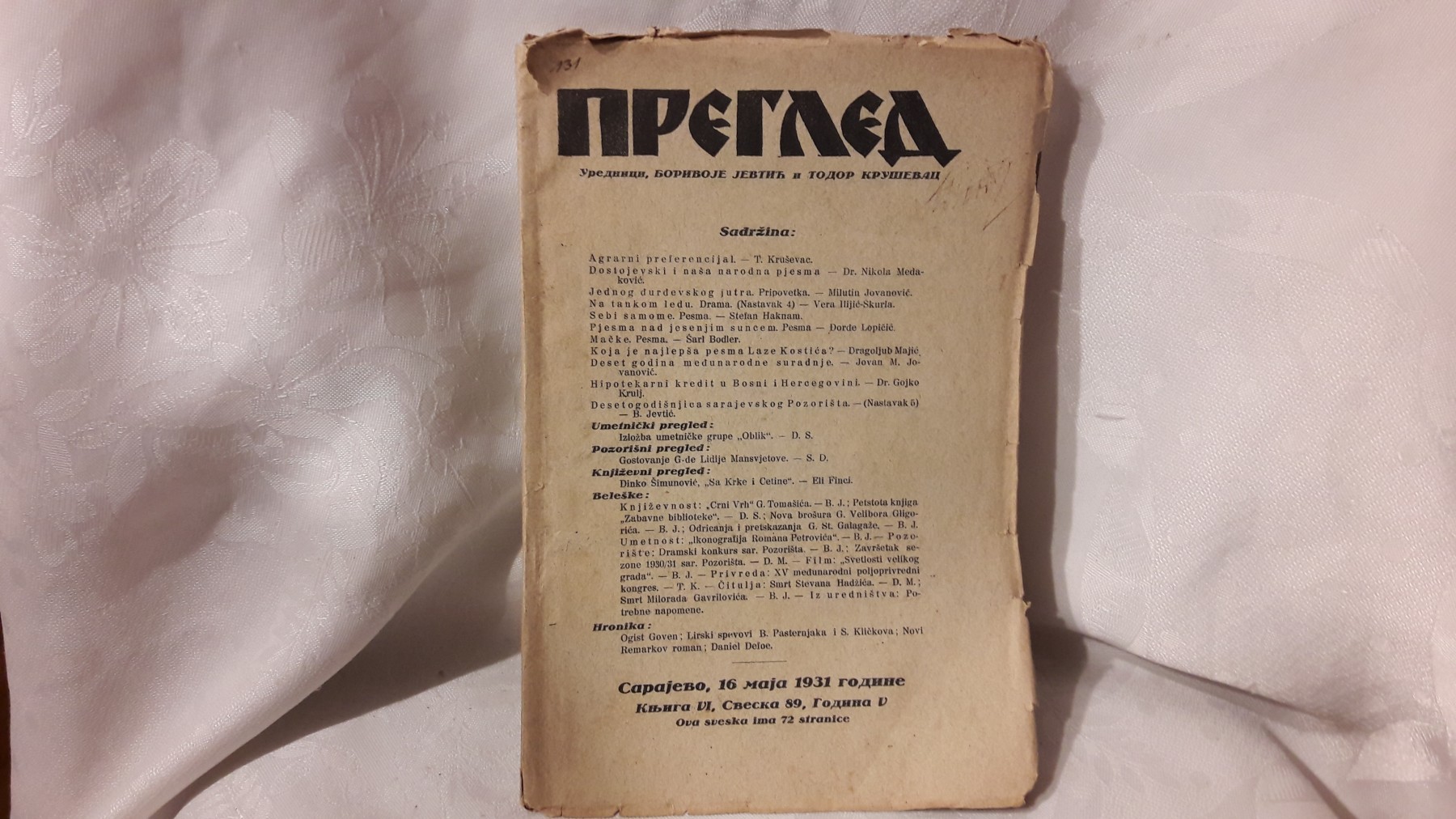 PREGLED — knjiga VI, sveska 89 (Sarajevo, 16. maj 1931) — Borivoje Jevtić, Todor Kruševac (urednici), antikvarna knjiga