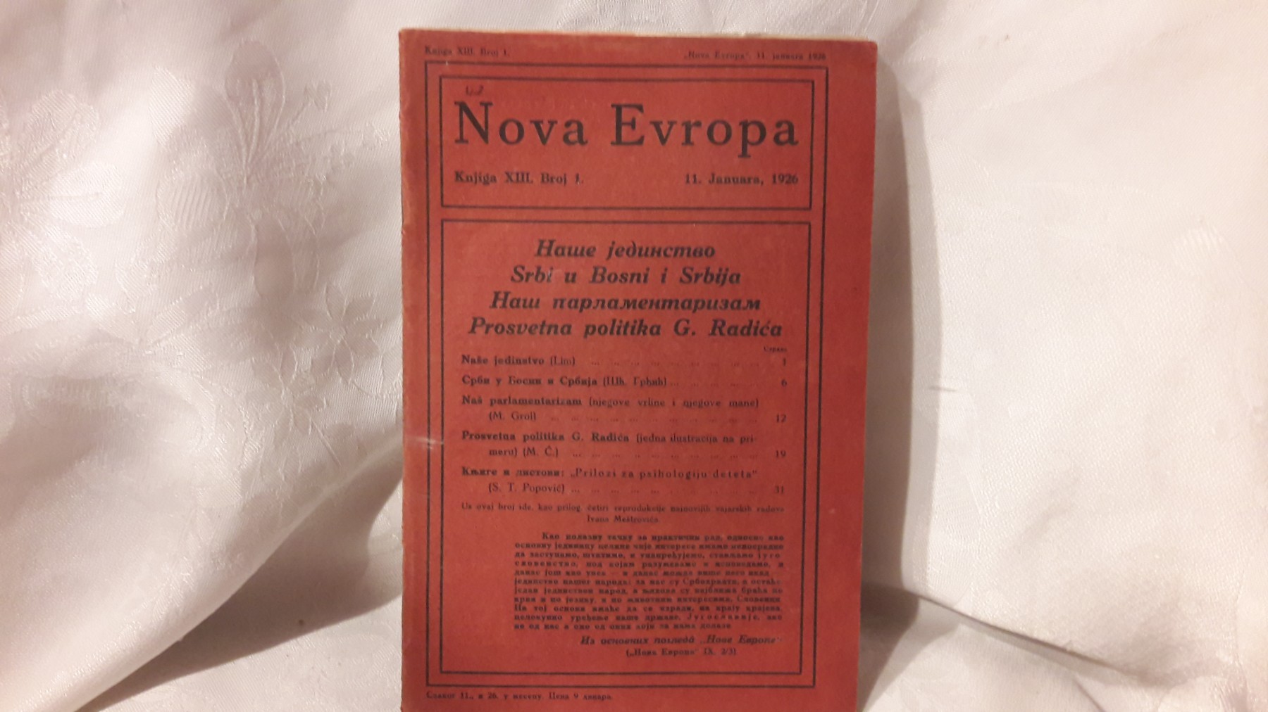 NOVA EVROPA — knjiga XIII, broj 1 (11. januar 1926) — Milan Ćurčin (urednik), antikvarna knjiga