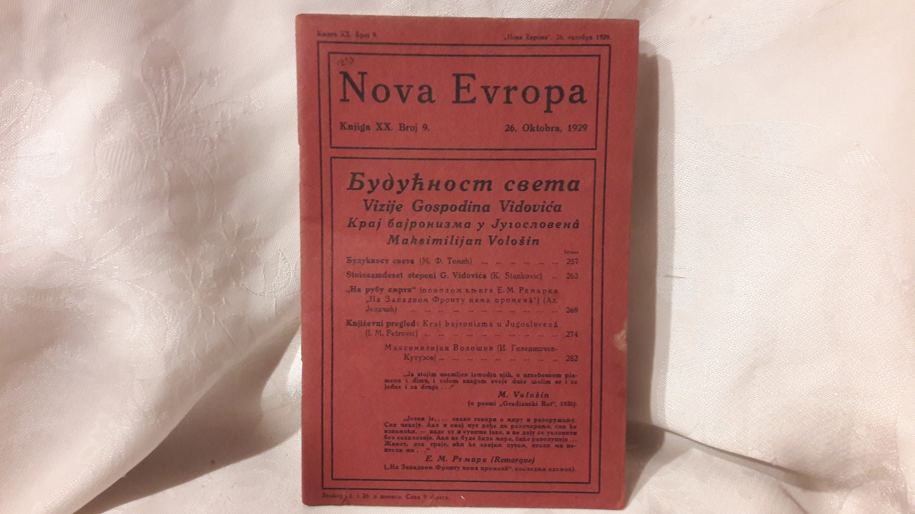 NOVA EVROPA — knjiga XX, broj 9 (26. oktobar 1929) — Milan Ćurčin (urednik), antikvarna knjiga