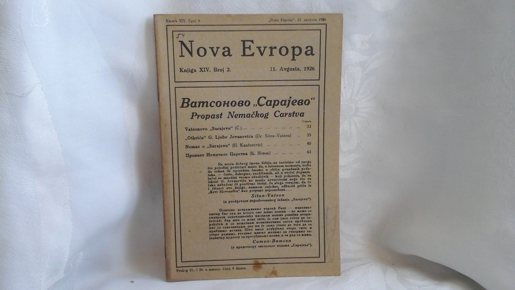 NOVA EVROPA — knjiga XIV, broj 2 (11. avgust 1926) — Siton-Vatson o Sarajevskom atentatu — Milan Ćurčin (urednik), antikvarna knjiga