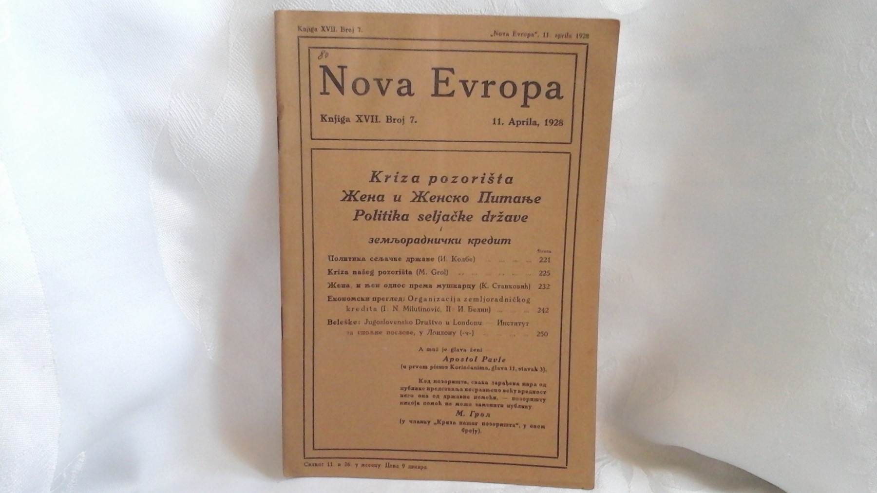 NOVA EVROPA — knjiga XVII, broj 7 (11. april 1928) — Milan Ćurčin (urednik), antikvarna knjiga