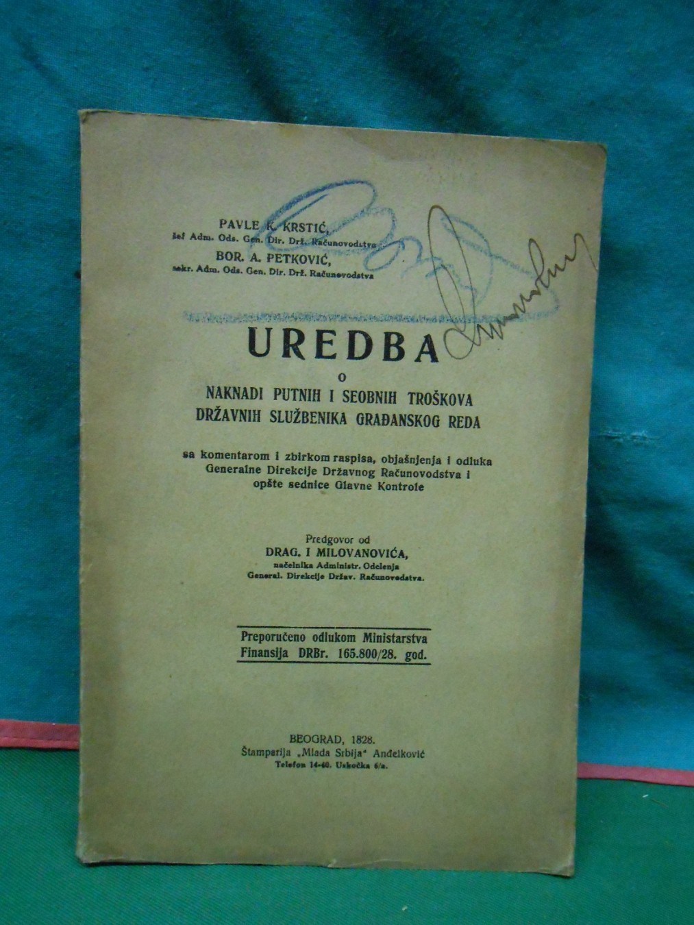Uredba o naknadi putnih i seobnih troškova državnih službenika građanskog reda — sa komentarom (Mlada Srbija, Beograd 1928) — Pavle K. Krstić, Bor. A. Petković, antikvarna knjiga