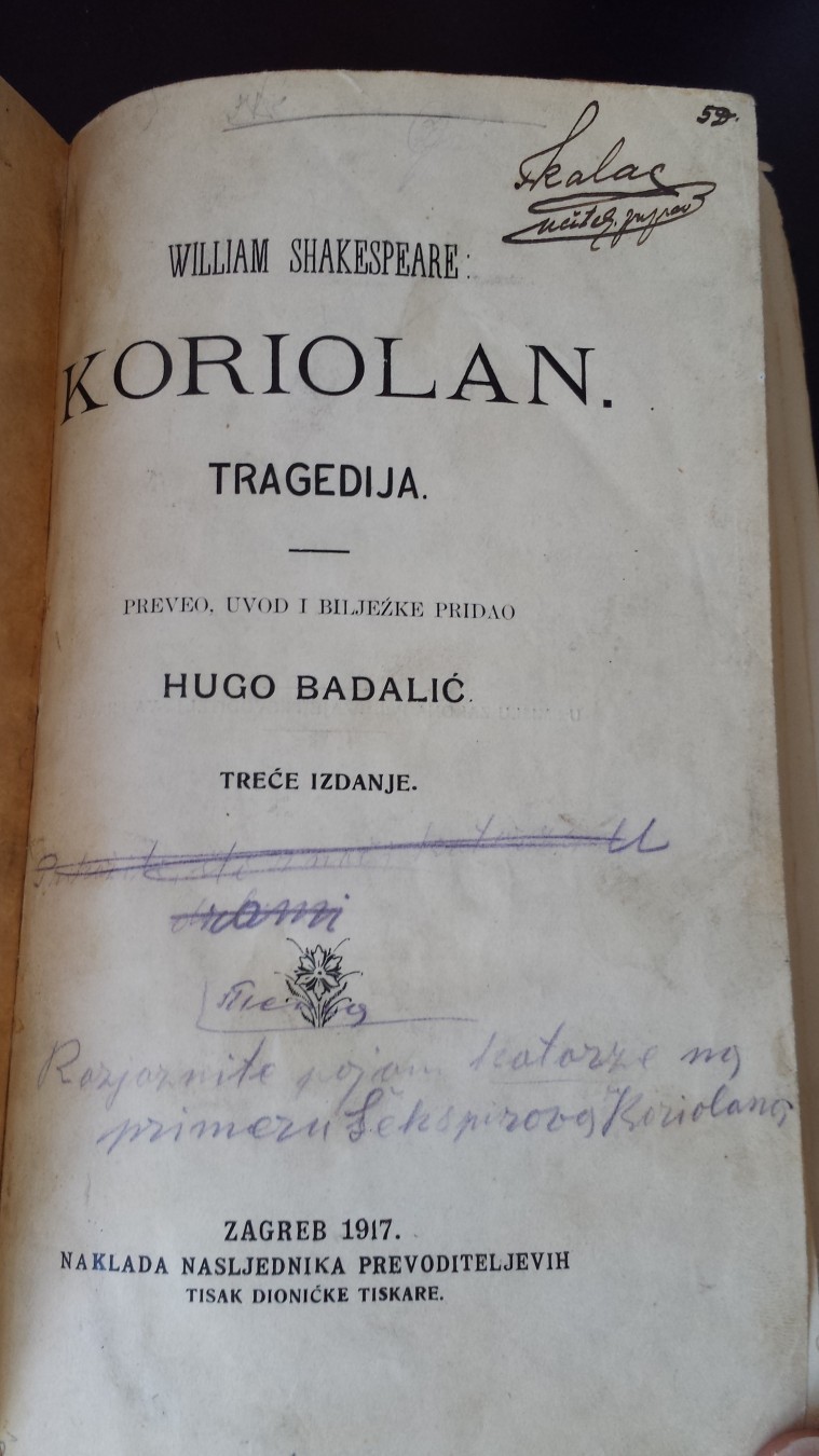 KORIOLAN — tragedija, prevod Huga Badalića, treće izdanje (Zagreb 1917) — Viljem Šekspir, antikvarna knjiga