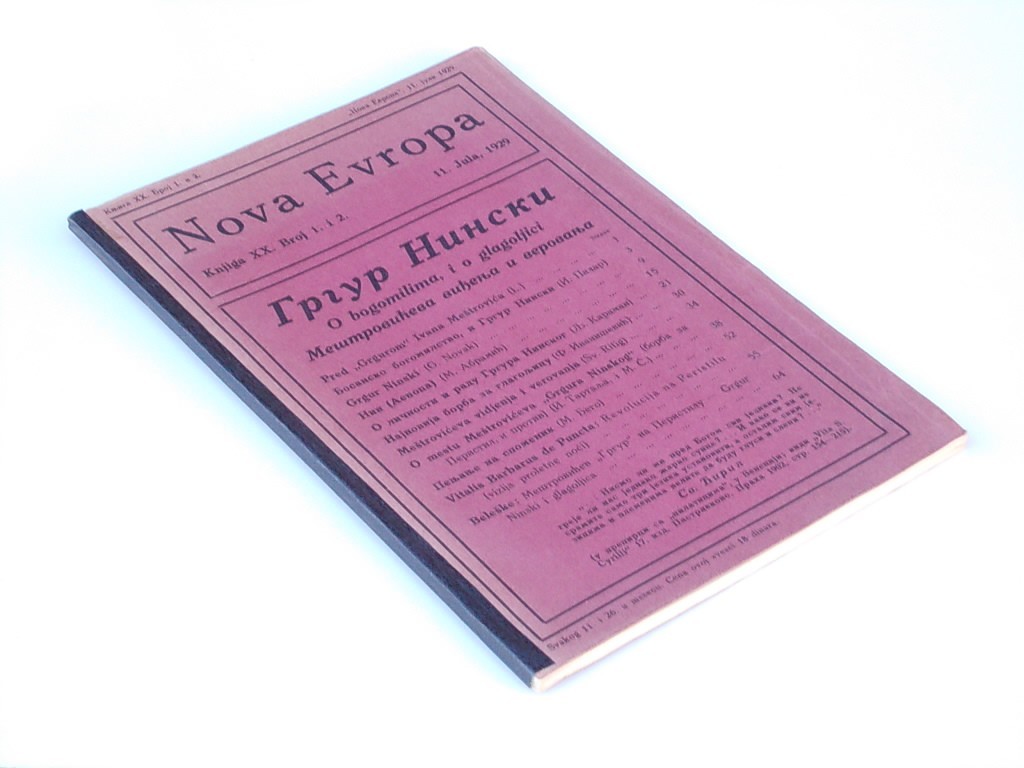 NOVA EVROPA, knjiga XX, broj 1 i 2 (11. jul 1929) — GRGUR NINSKI: o bogomilima i o glagoljici, Meštrovićeva viđenja — drugi primerak — Milan Ćurčin (urednik), antikvarna knjiga