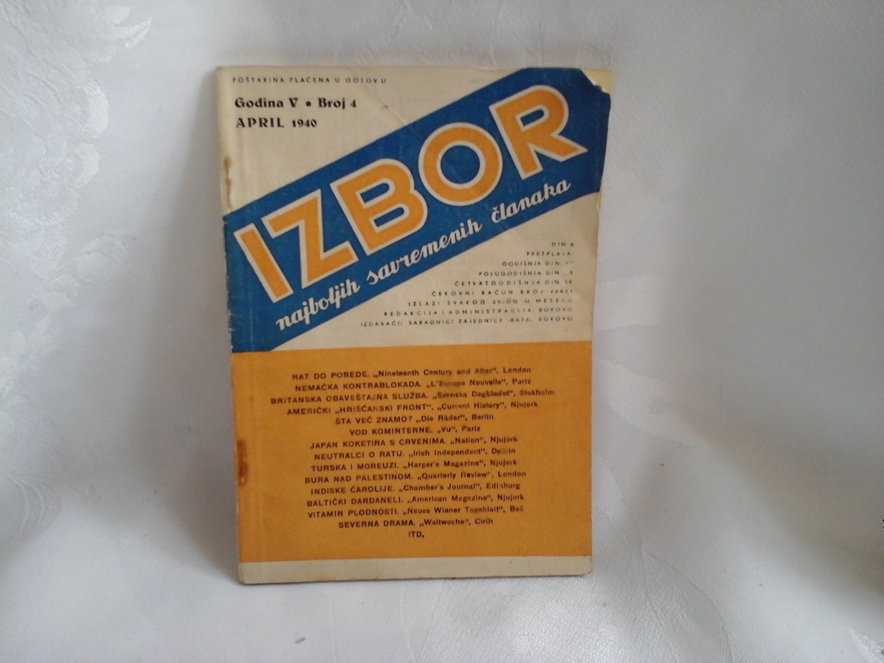 IZBOR NAJBOLJIH SAVREMENIH ČLANAKA — godina V, broj 4 (april 1940, Borovo) — Izbor (časopis), antikvarna knjiga