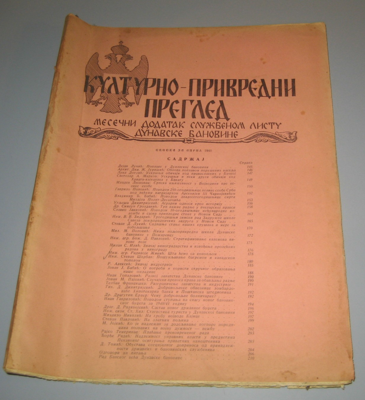 KULTURNO-PRIVREDNI PREGLED — mesečni dodatak Službenom listu Dunavske banovine, april 1940 — Dunavska banovina, antikvarna knjiga