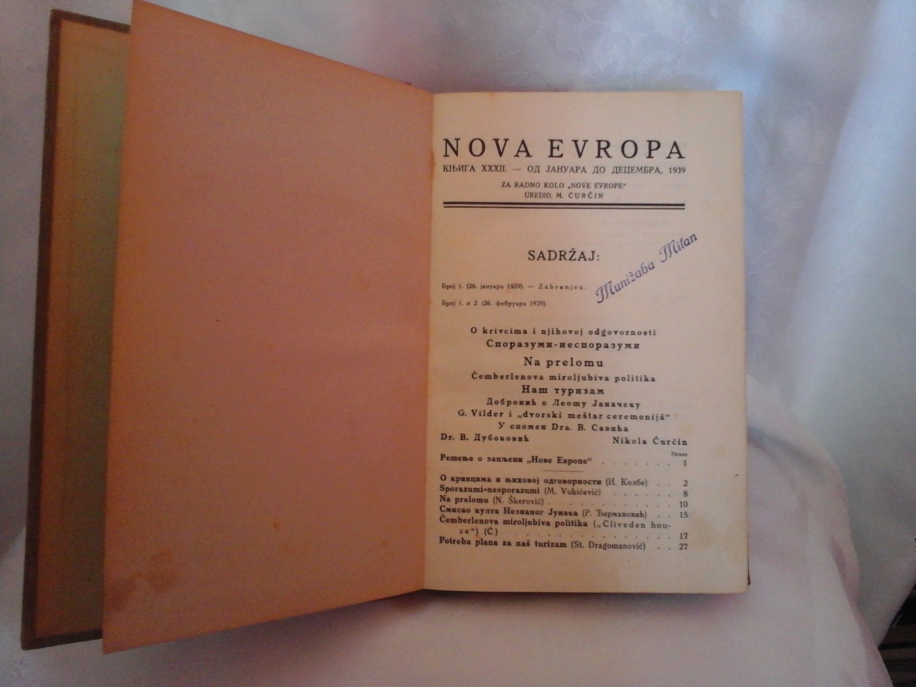 NOVA EVROPA — knjiga XXXII, januar—decembar 1939 — ceo godište ukoričen — Milan Ćurčin (urednik), antikvarna knjiga